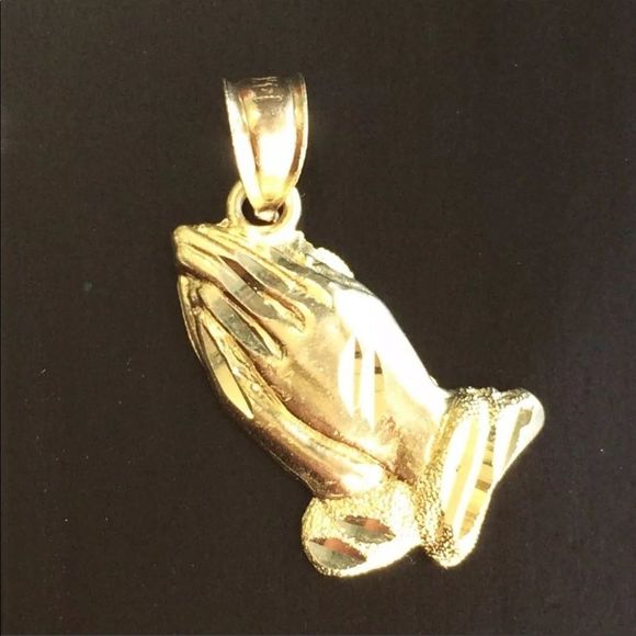 14k solid gold Praying hands pendant on rope chain
